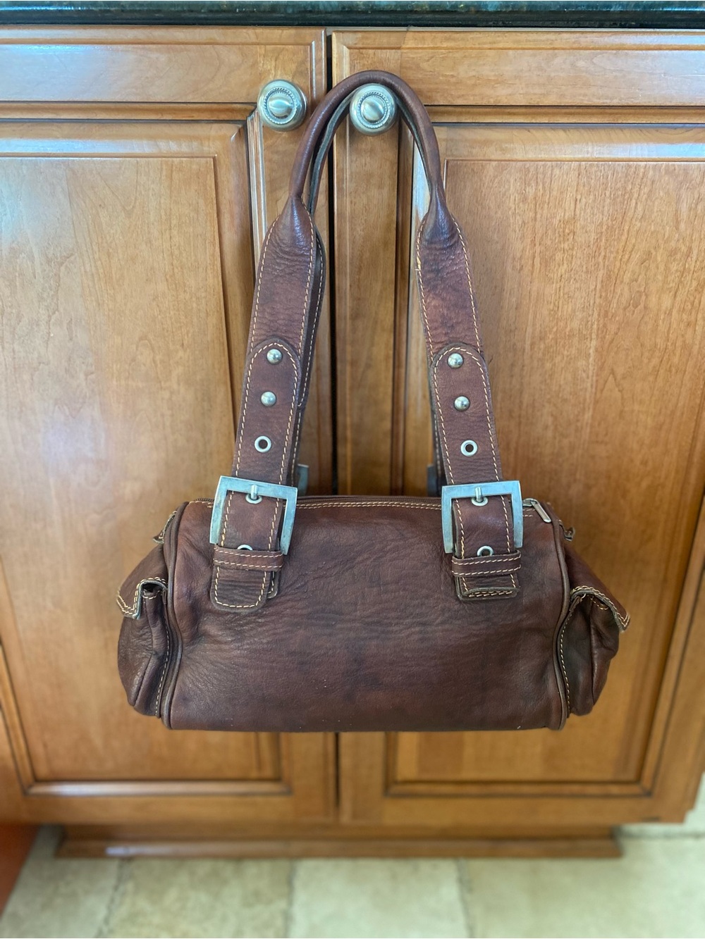Vintage Y2K Vera Pelle Italian Brown Leather Shoulder Bag with Buckle Straps